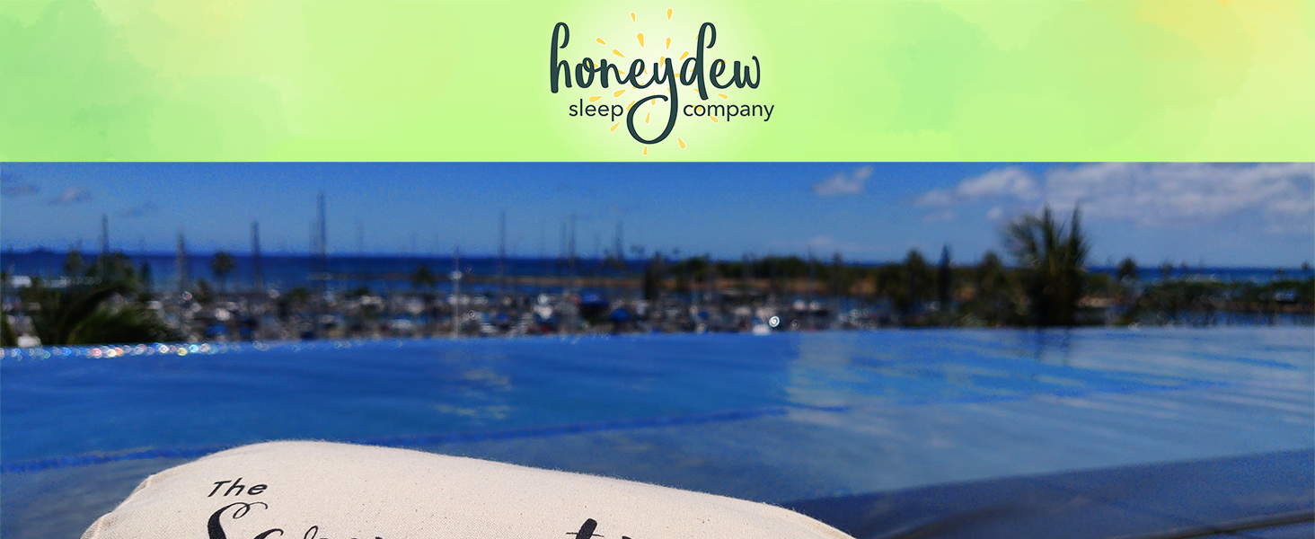 close-up on Side Sleeper travel Pillow in carrying bag with a bright blue sky in the background