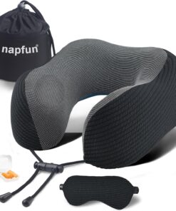 napfun Neck Pillow for Traveling, Upgraded Travel Neck Pillow for Airplane 100% Pure Memory Foam Travel Pillow for Flight Headrest Sleep, Portable Plane Accessories, Striped Black