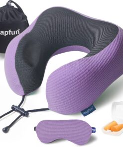napfun Neck Pillow for Traveling, Upgraded Travel Neck Pillow for Airplane 100% Pure Memory Foam Travel Pillow for Flight Headrest Sleep, Portable Plane Accessories, Striped Light Purple Set