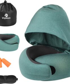 Travel Pillow - Hooded Neck Pillow Airplane Memory Foam Filling for Plane, Office, Cars Sleeping, Road Trip, Long Flights, Portable Plane Accessories, Includes Eye Mask & Earplugs (Green)