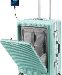 20 Inch Aluminum Frame Carry On Luggage with Front Pocket, USB Port, Phone Holder & Cup Holder, Hard Shell Spinner Suitcase for Airplane Travel, Mint Green
