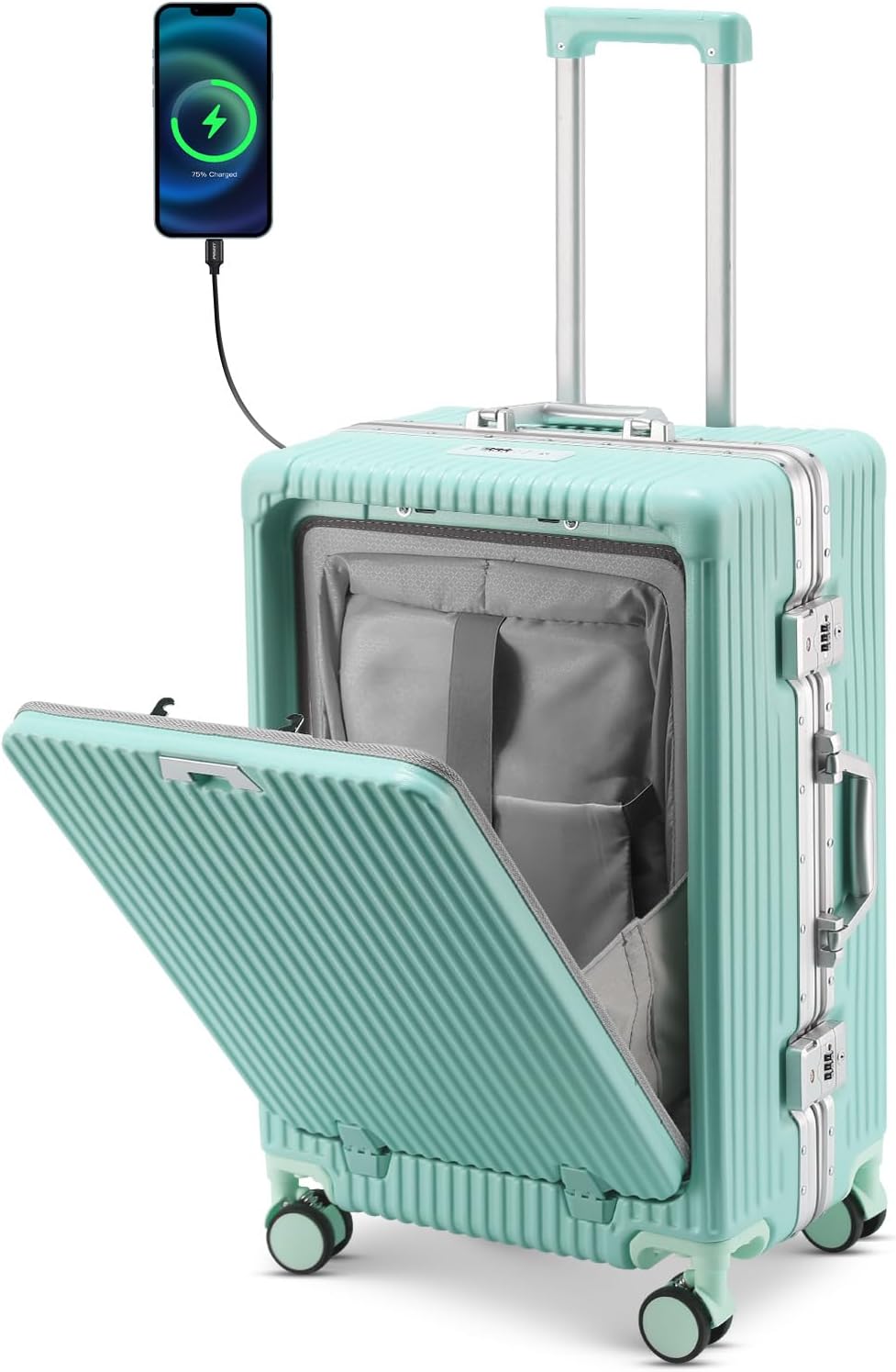 20 Inch Aluminum Frame Carry On Luggage with Front Pocket, USB Port, Phone Holder & Cup Holder, Hard Shell Spinner Suitcase for Airplane Travel, Mint Green