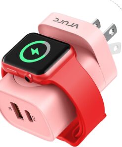 VRURC Charger for iPhone & Apple Watch, 20W USB C Fast Charging Block, 3-in-1 Compact Travel Adapter with 2 Port for iPhone 17/16/15/14/13, Wireless Magnetic for iWatch SE/11/10/9/8/7/6/5/4-Pink