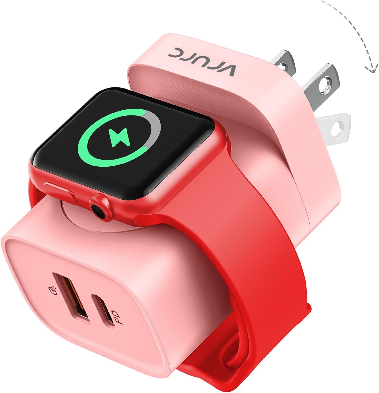 VRURC Charger for iPhone & Apple Watch, 20W USB C Fast Charging Block, 3-in-1 Compact Travel Adapter with 2 Port for iPhone 17/16/15/14/13, Wireless Magnetic for iWatch SE/11/10/9/8/7/6/5/4-Pink