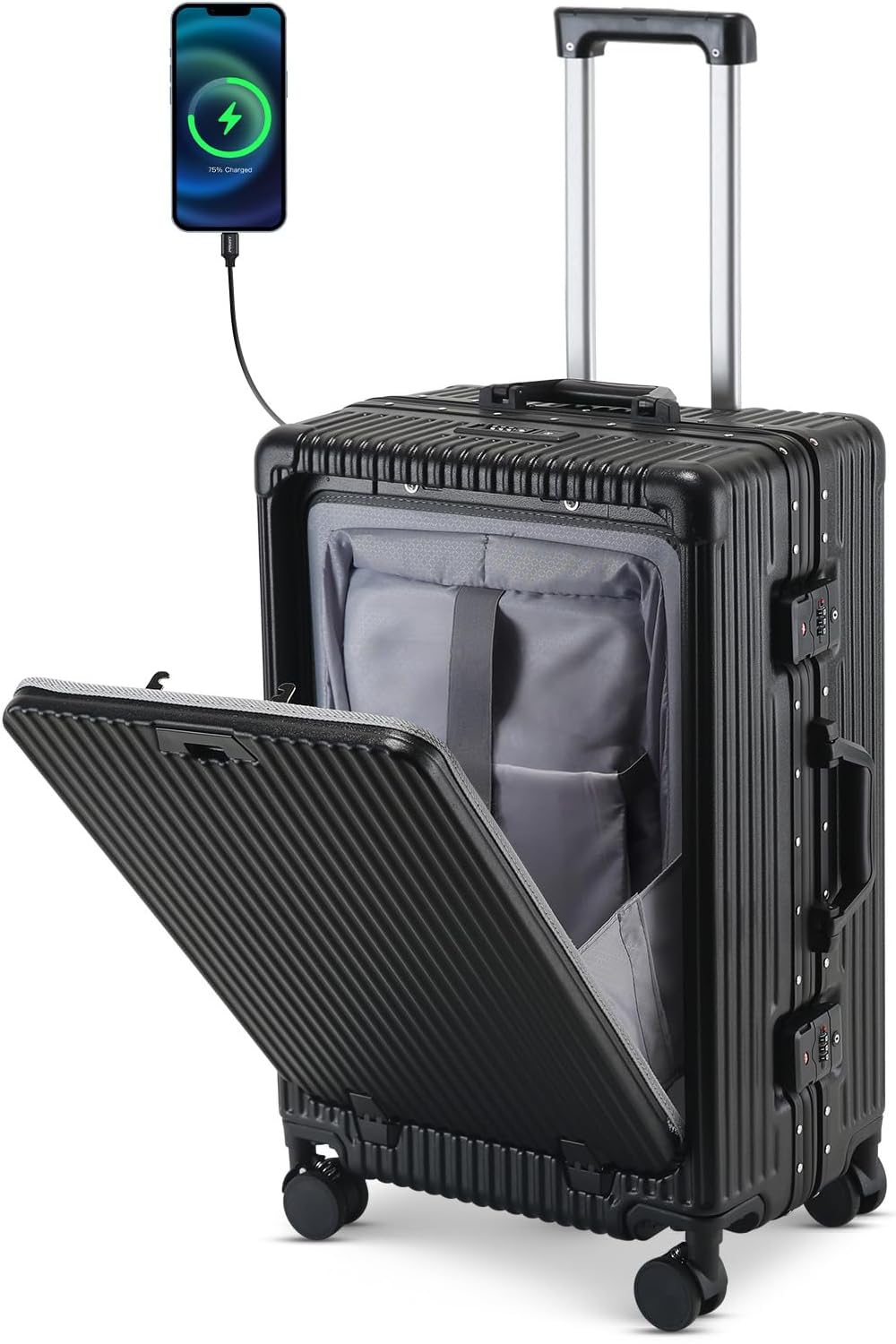 20 Inch Aluminum Frame Carry On Luggage with Front Pocket, USB Port, Phone Holder & Cup Holder, Hard Shell Spinner Suitcase for Airplane Travel, Black