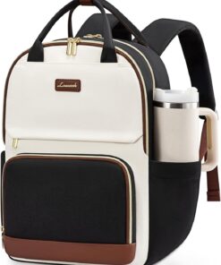 LOVEVOOK Laptop Backpack for Women with Giant Tumbler Holder Pocket, 15.6 inch Travel Work Backpack Purse for Teacher Nurse, Waterproof College Book Bag Cute Casual Daypack, Beige-Black-Brown