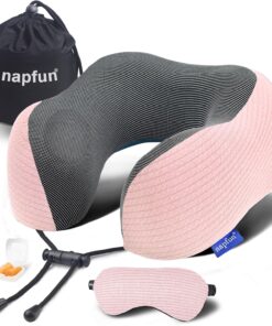 napfun Neck Pillow for Traveling, Upgraded Travel Neck Pillow for Airplane 100% Pure Memory Foam Travel Pillow for Flight Headrest Sleep, Portable Plane Accessories, Pink