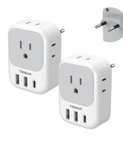 2 Pack European Plug Adapter USB C, TESSAN US to Europe Adapter 4 Outlets 3 USB Charger, Type C International Power Adaptor to Italy Spain France Portugal Iceland Germany, Europe Travel Essentials