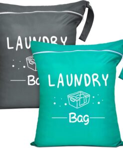 2 Pcs Large Travel Laundry Bags - Waterproof Wet/Dry, Washable, Drawstring, Bathing Suit, Workout, Gym Clothes, Swimming, Yoga - Green, Grey