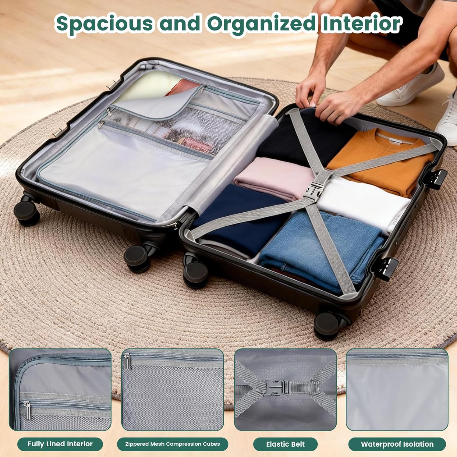 20 Inch Aluminum Frame Carry On Luggage with Front Pocket USB Port Phone Holder Cup Holder Hard Shell Spinner Suitcase for Airplane Travel Black.jpg