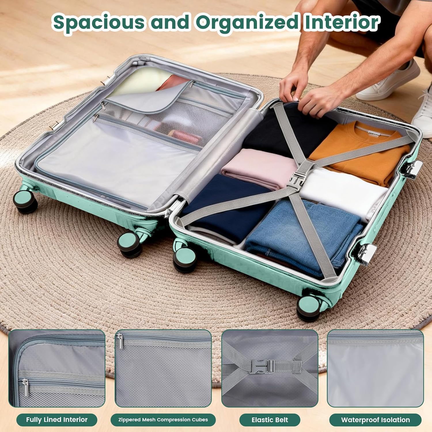 20 Inch Aluminum Frame Carry On Luggage with Front Pocket USB Port Phone Holder Cup Holder Hard Shell Spinner Suitcase for Airplane Travel Mint Green.jpg