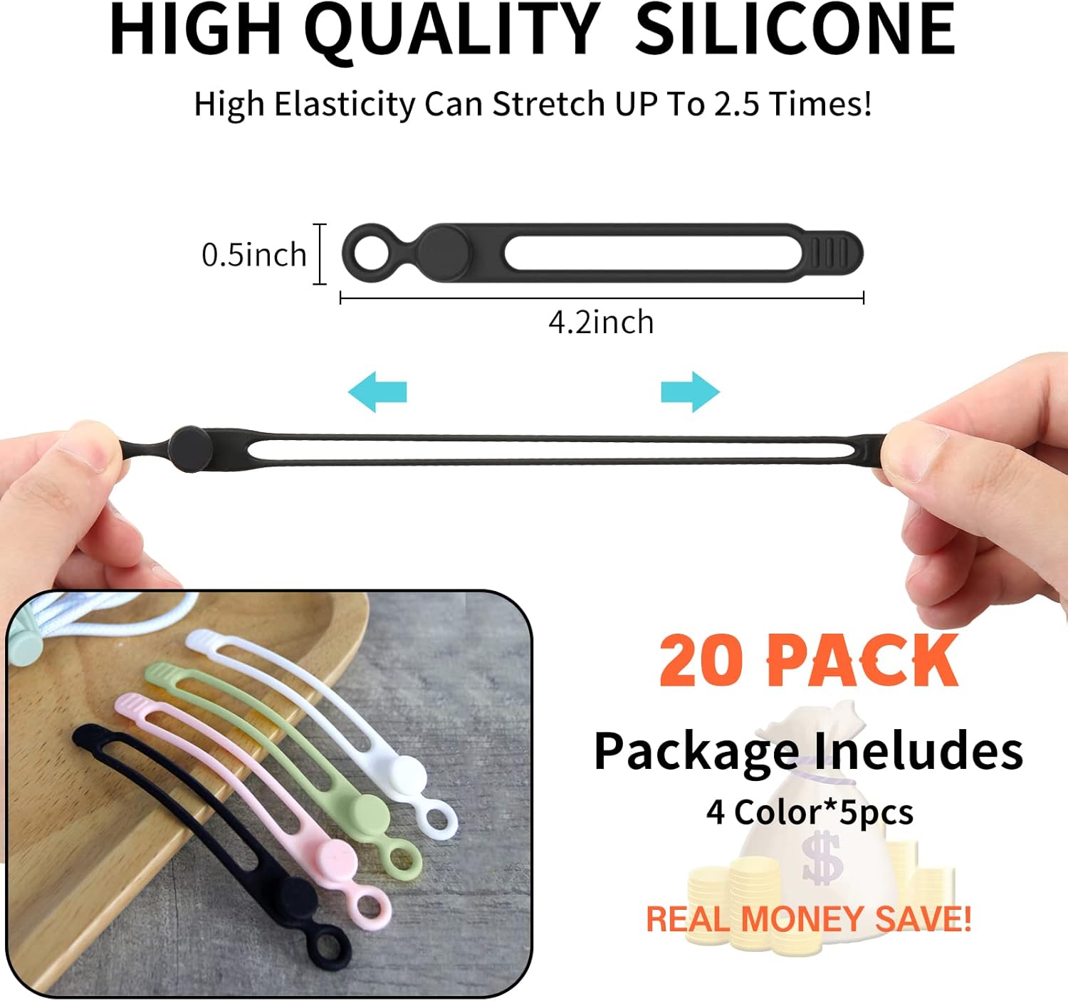 20ParkUMUST Silicone Cable TiesReusable Cable Management Organizer Multipurpose Elastic Cord Organizer for Bundling and Fastening Cable Cords Wiresblackwhitepinkgreen.jpg