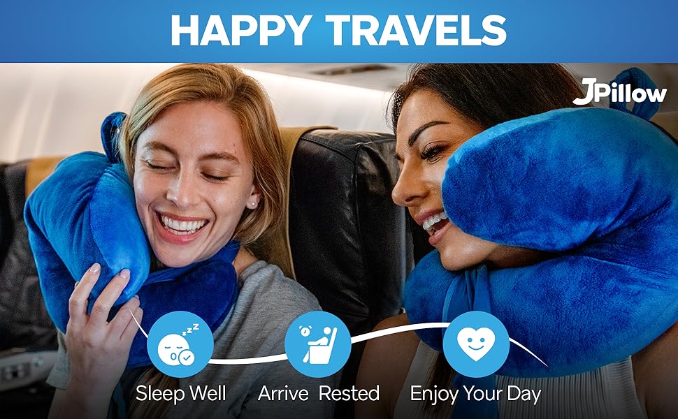 Travel pillow advertisement showing two people using blue neck pillows on an airplane. Icons highlight benefits: Sleep Well, Arrive Rested, Enjoy Your Day.