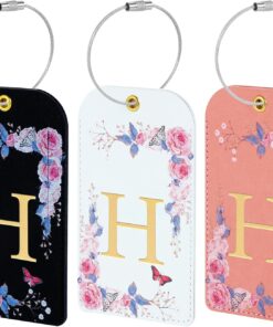 3 Pack Luxury Floral Luggage Tags, Durable PU Leather Suitcase Tags with Stainless Steel Cable Strap, Hidden ID Slot for Privacy Protection, Easy to Identify Waterproof Travel Accessories Gift (H)