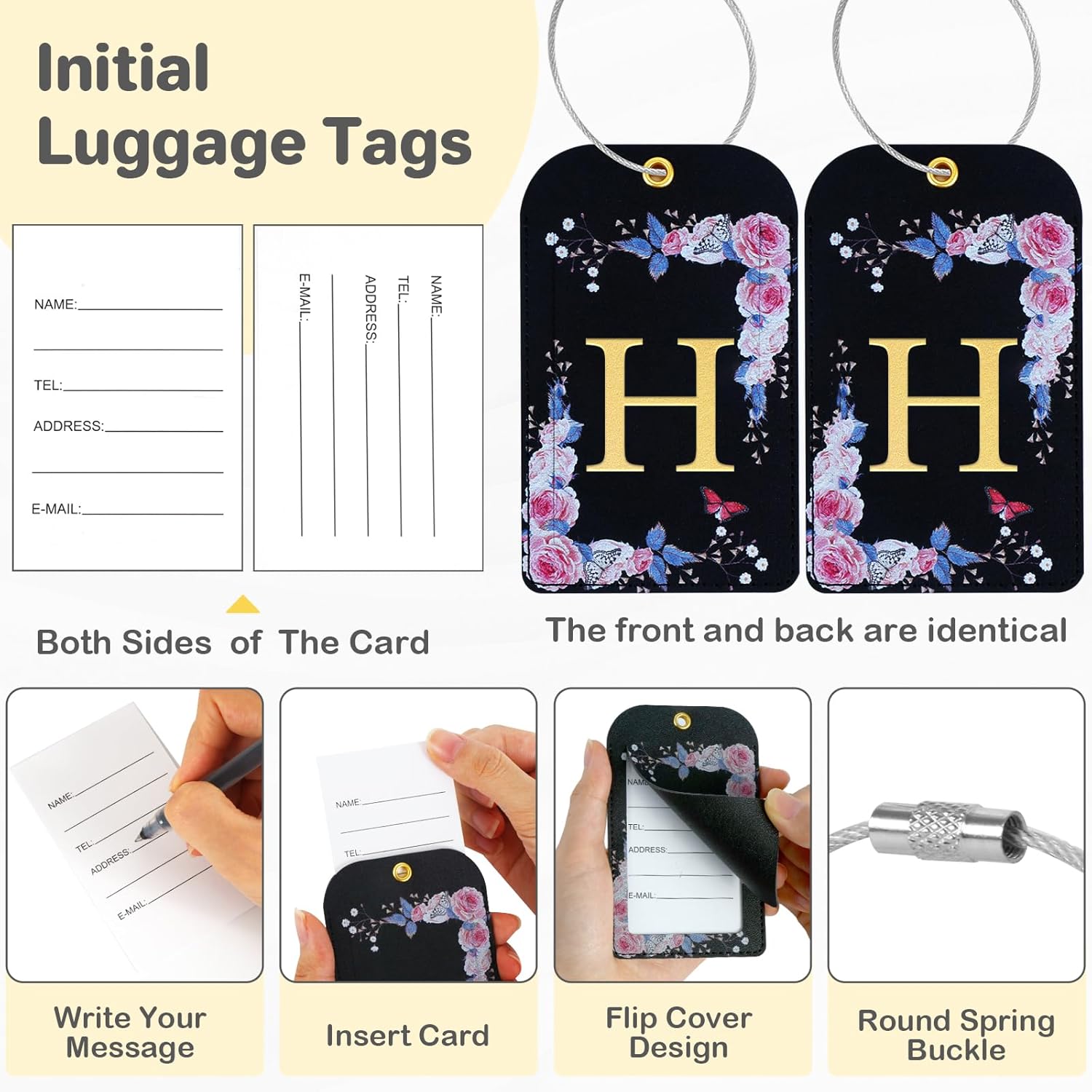 3 Pack Luxury Floral Luggage Tags Durable PU Leather Suitcase Tags with Stainless Steel Cable Strap Hidden ID Slot for Privacy Protection Easy to Identify Waterproof Travel Accessories Gift H.jpg