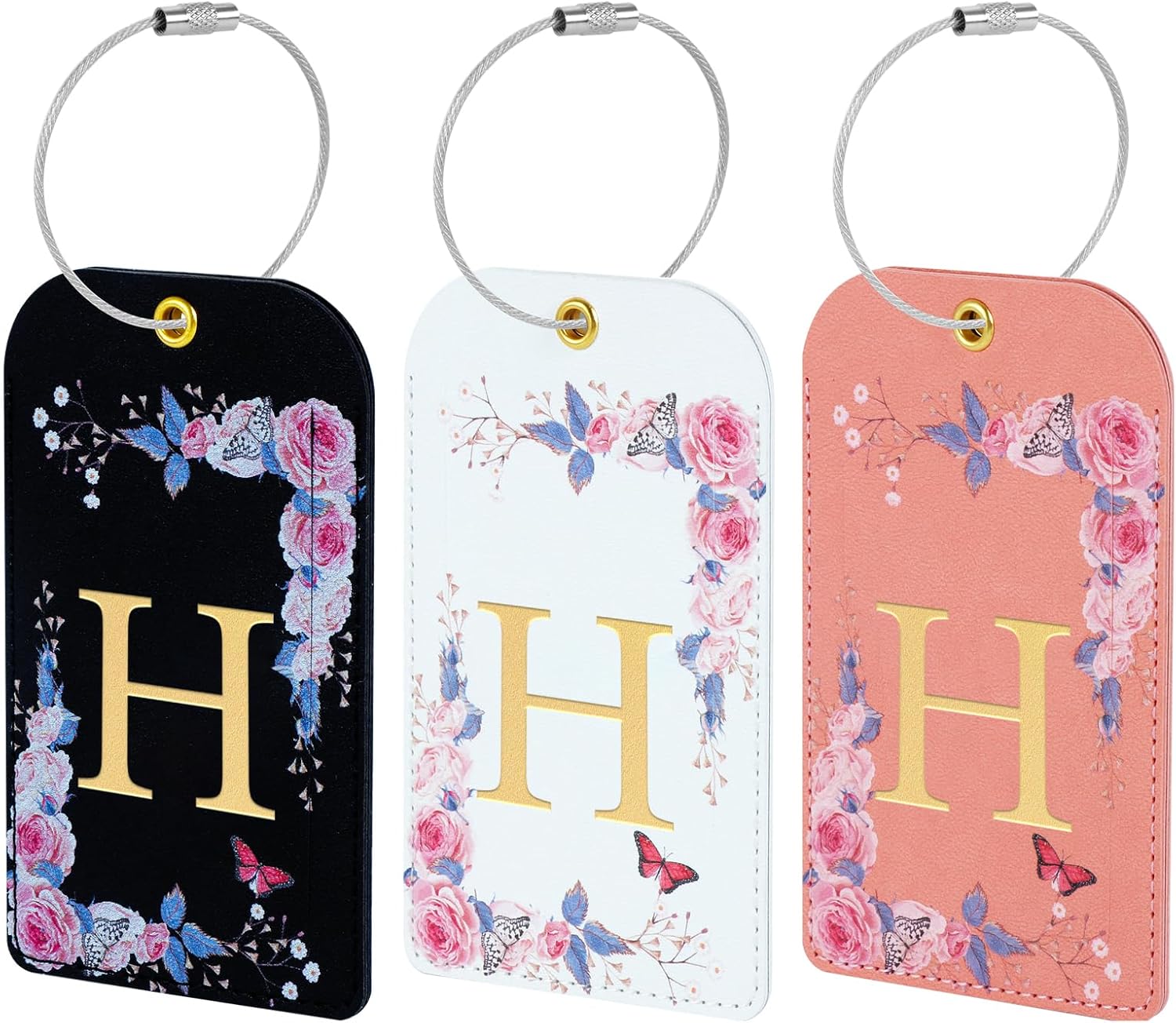 3 Pack Luxury Floral Luggage Tags, Durable PU Leather Suitcase Tags with Stainless Steel Cable Strap, Hidden ID Slot for Privacy Protection, Easy to Identify Waterproof Travel Accessories Gift (H)