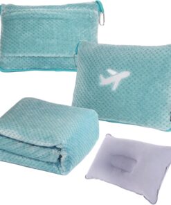 3 in 1 Travel Blanket Pillow Set - 350 GSM Thick Travel Blanket Airplane Compact with Bag, Soft Bag with a Pocket, Inflatable Travel Pillow for Camping & Car Trip(Mint Green)