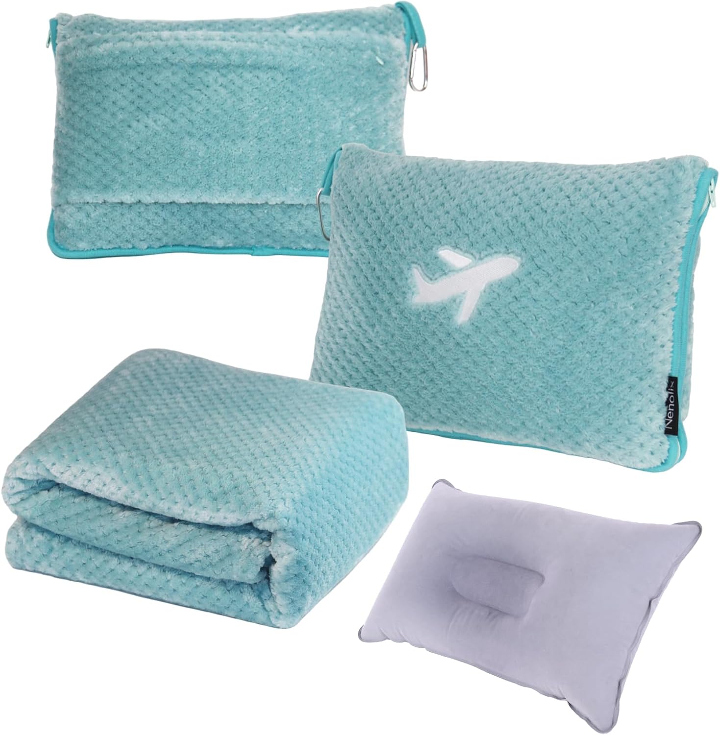 3 in 1 Travel Blanket Pillow Set - 350 GSM Thick Travel Blanket Airplane Compact with Bag, Soft Bag with a Pocket, Inflatable Travel Pillow for Camping & Car Trip(Mint Green)