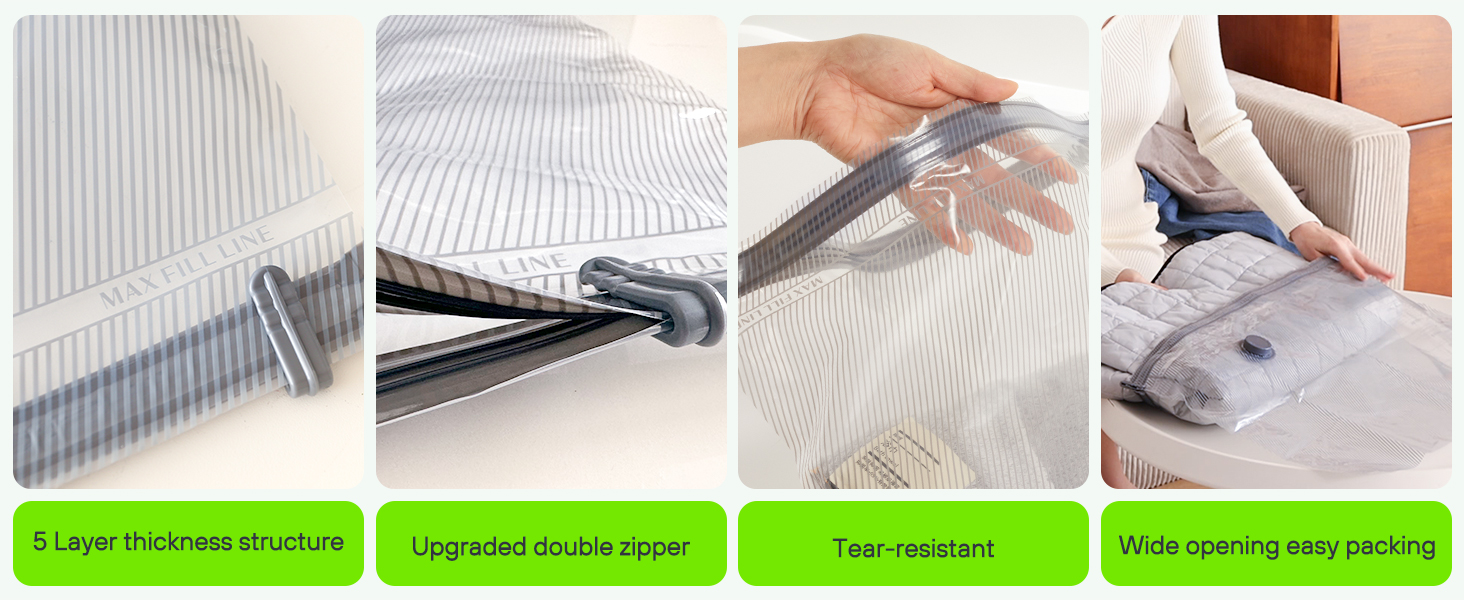 Multi-panel image of a white storage bag with ribbed texture. Features double zipper, tear-resistant material, and wide opening. Text highlights 5-layer structure and easy packing.