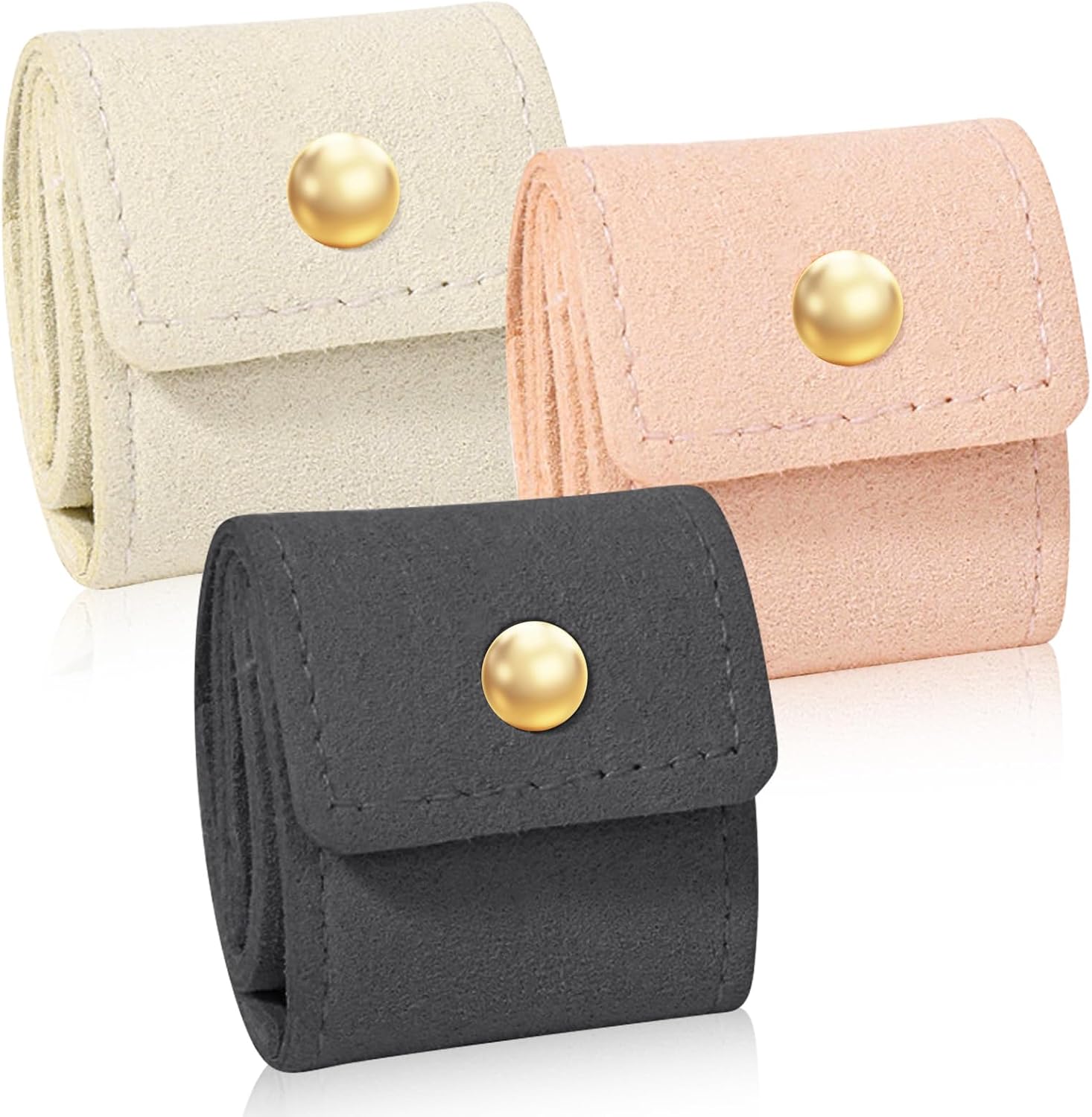 3Pcs Mini Travel Jewelry Bag, Leather Jewelry Organizer Foldable Pouch for Necklaces, Rings & Earrings - Compact Jewelry Case with Buckle for Women, Travel Accessories (Beige, Pink, Gray)