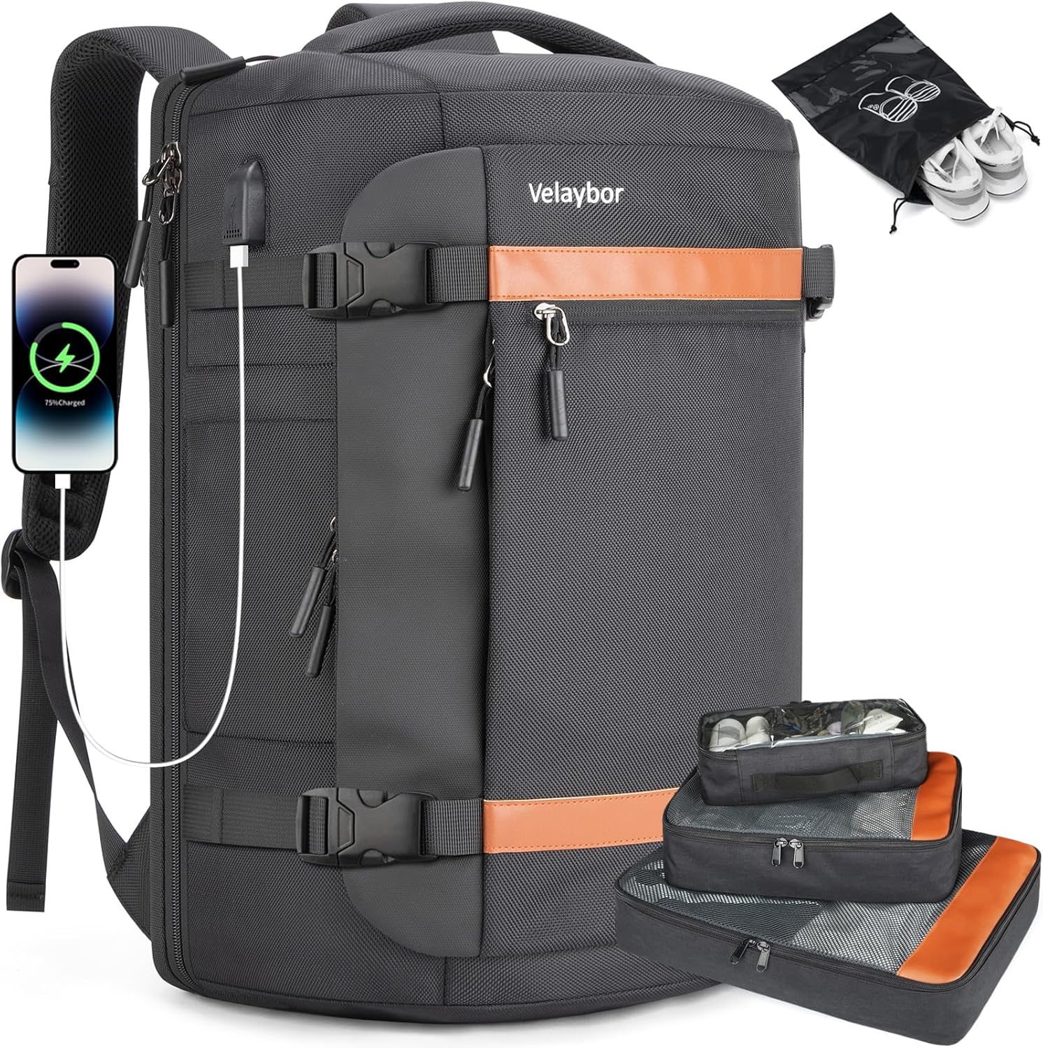 42L Travel Backpack with 4 Packing Cubes, TSA Friendly Flight Approved Carry-On Bag with USB Charging Port, Water-Resistant Weekender Business Backpack for Men Women, Fits 17.3" Laptop(Black)