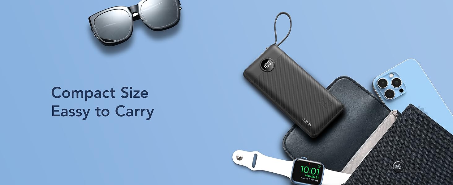 Collection of compact travel accessories including sunglasses, smartphone, wallet, and smartwatch on blue background. Text reads 'Compact Size Easy to Carry'.