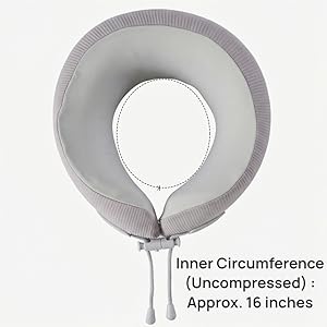 Overhead view of VoxWonder travel pillow showing adjustable inner circumference of 12 to 16 inches.