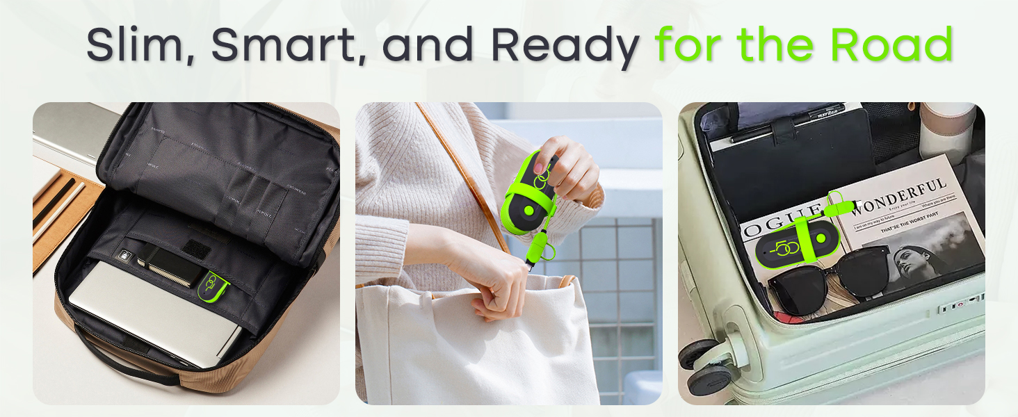 Three-panel image showcasing a slim laptop bag, a green key-shaped device, and a passport holder with attached tracking device, emphasizing portability and travel readiness.