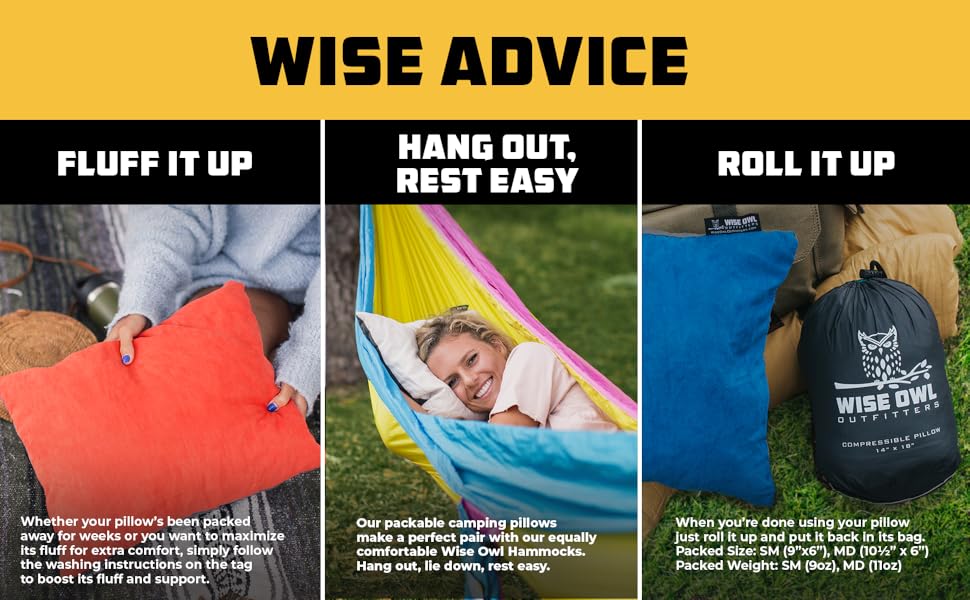 Wise advice fluff roll hang rest easy packed maximize comfort support bag packable camping pillow