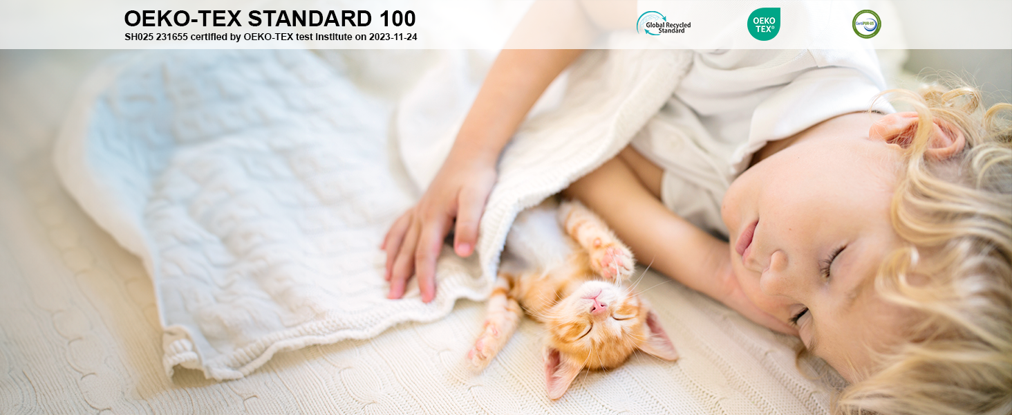 Child sleeping with kitten next to OEKO-TEX STANDARD 100 logo
