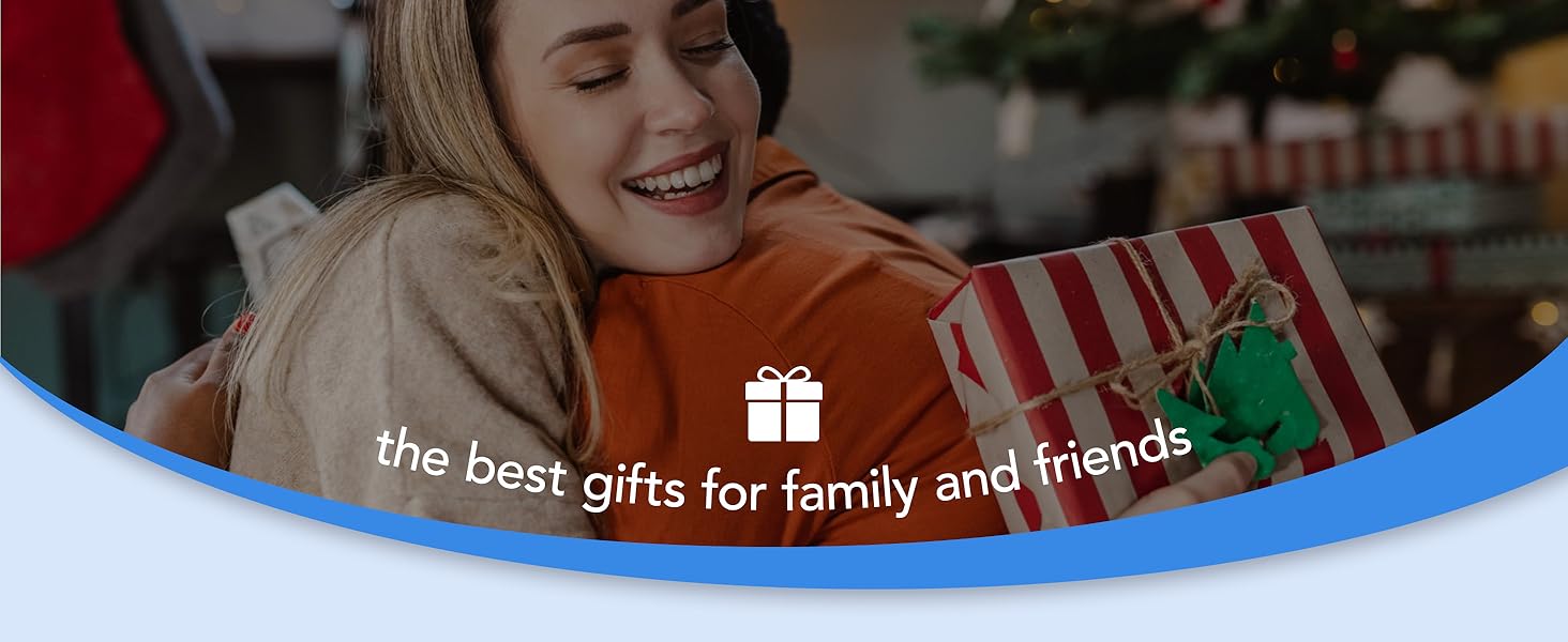 Smiling person holding red and white striped gift box with green ribbon. Text overlay reads 'the best gifts for family and friends' with a gift icon.