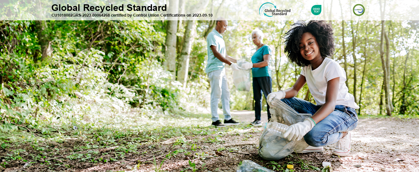People recycling empty water bottles next to global recycled standard logo