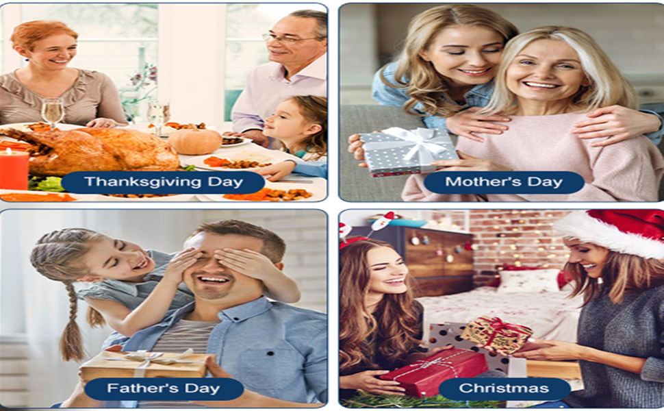 Text reads 'Thanksgiving Day', 'Mother's Day', 'Father's Day', 'Christmas'. Collection of lifestyle images showing gift-giving moments and celebrations.