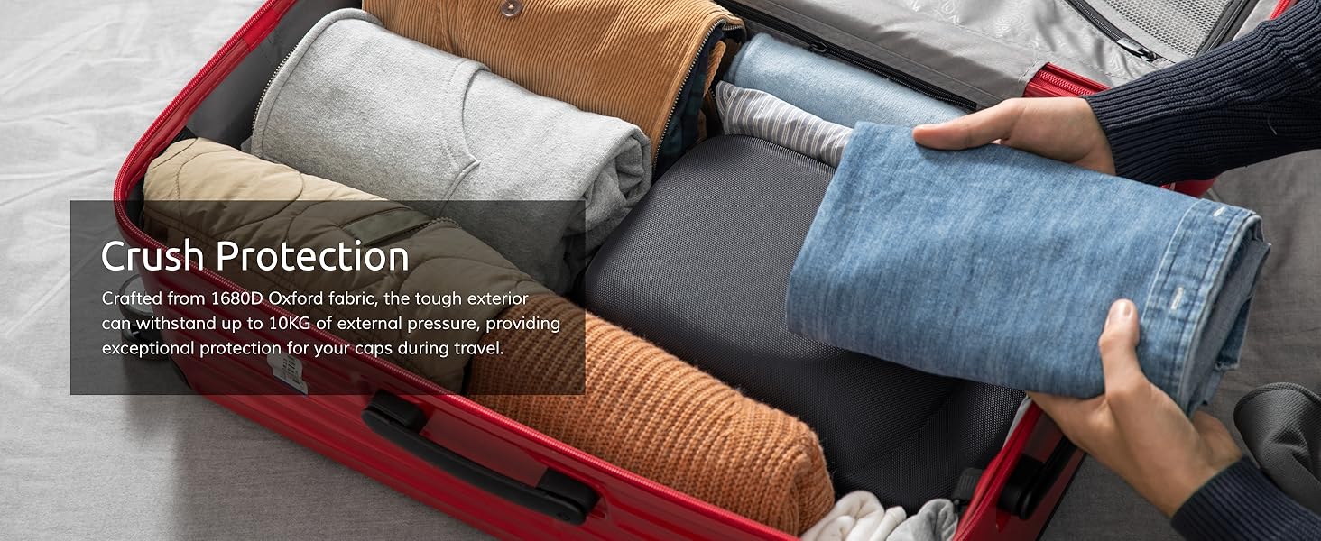 person packing for travel with black cap carrier case to protect caps