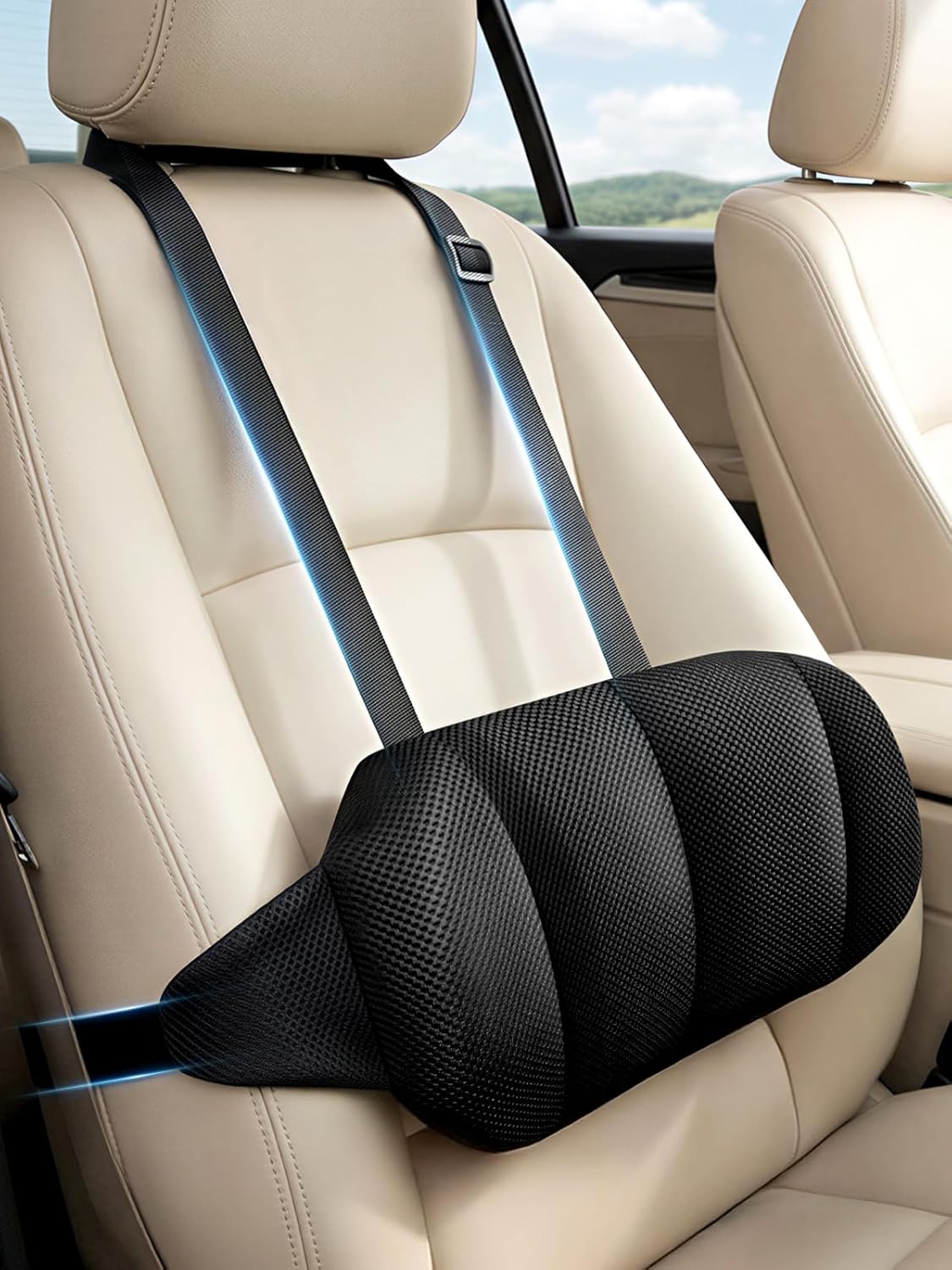 Adjustable Car Seat Lumbar Support Pillow Dual Straps Memory Foam Lower Back Waist Support Cushion with Convex Point Design Removable Cover for Vehicle SUVs Driving Travel Accessories Office Chair