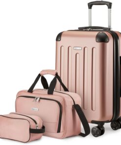 Amazon Basics 3-Piece Luggage Set, Including One Carry-On Luggage (22" Expandable Hardside Suitcase With 8 Spinner Wheels), One 15-inch Tote Bag, and One 10-inch Compact Travel Bag, Rose Gold