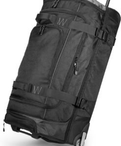 Amazon Basics 35-inch Large Rolling Duffle Bag with Wheels and Handle, Travel Duffle Bag with Durable Ripstop Polyester Material, 2 Layers of Space, Multiple Interior and Exterior Pockets, Black