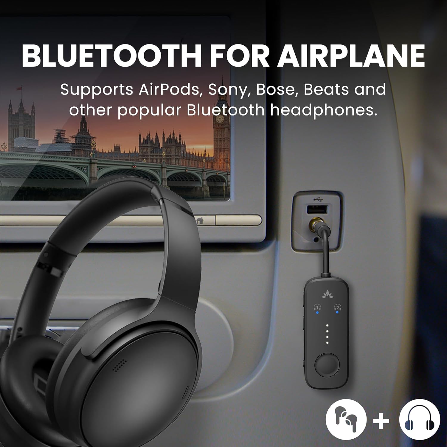 Avantree Relay Premium Airplane Bluetooth Adapter with Advanced Qualcomm Chipset 2 Headphones Support 25hrs Play Time aptX Adaptive HD Audio Transmitter for Airpods Bose Travel Flight.jpg