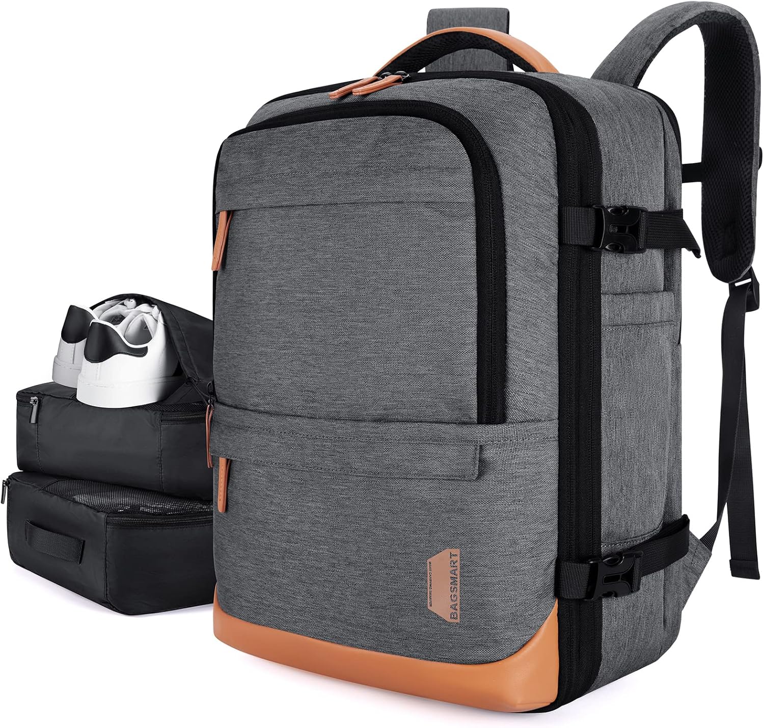 BAGSMART 37L Compression Travel Backpack, Expandable Carry On Backpack with Packing Cubes, Water Resistant Weekender Backpack Fits 17 Inch laptop, Luggage Daypack with Shoe Bag, Grey