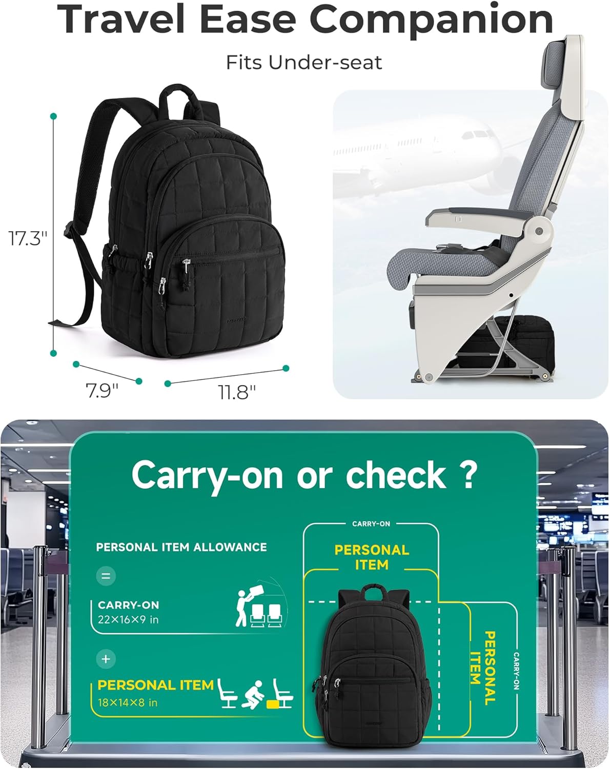 BAGSMART College Laptop Backpack Travel Backpack for Women Quilted Casual Daypack Water Resistant Bookbag for 15.6 Inch Laptop Black.jpg