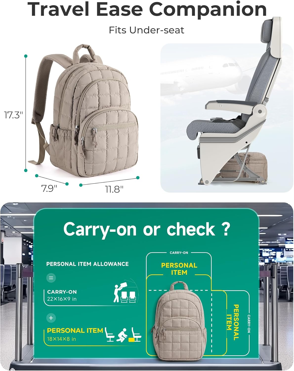 BAGSMART College Laptop Backpack Travel Backpack for Women Quilted Casual Daypack Water Resistant Bookbag for 15.6 Inch Laptop Camel.jpg