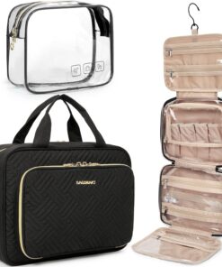 BAGSMART Toiletry Bag Hanging Travel Makeup Organizer with TSA Approved Transparent Cosmetic Bag Makeup Bag for Full Sized Toiletries, Medium-Black