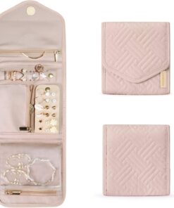 BAGSMART Travel Jewelry Organizer Case Foldable Small Jewelry Roll for Journey Rings, Necklaces, Earrings, Bracelets,Mini,Soft Pink