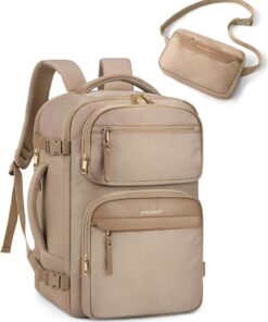 BAGSMART Womens Backpack Carry On Flight Approved, Travel Backpack for Women with Waist Bag,Traveling Lightweight Weekender Casual Daypack 17.3" Laptop Work Back pack Personal Item Bag,Champagne