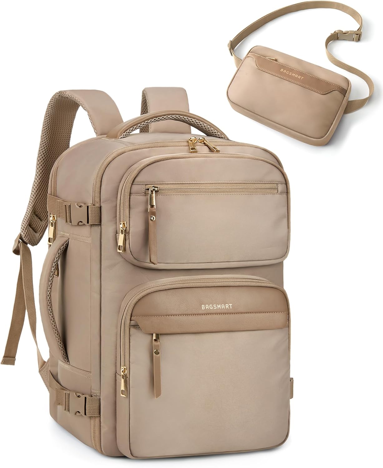 BAGSMART Womens Backpack Carry On Flight Approved, Travel Backpack for Women with Waist Bag,Traveling Lightweight Weekender Casual Daypack 17.3" Laptop Work Back pack Personal Item Bag,Champagne