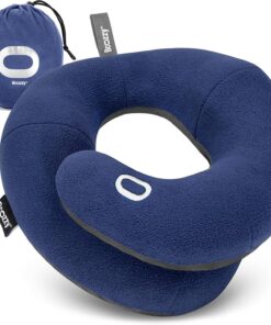 BCOZZY Travel Neck Pillow for Airplane – Patented Double Support for Head, Neck, and Chin. Best for Long Flights, Plane Sleeping, and Car Rides. Adjustable Size. Fully Washable. Carry Bag. Large, Navy