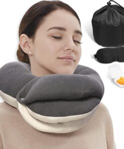 BUYUE Travel Neck Pillows for Airplanes, 360° Head Support Sleep for Long Flight, Skin-Friendly & Breathable, Kit with 3D Contoured Eye Mask, Earplugs and Storage Bag (Adult, Grey, 90+ lbs)