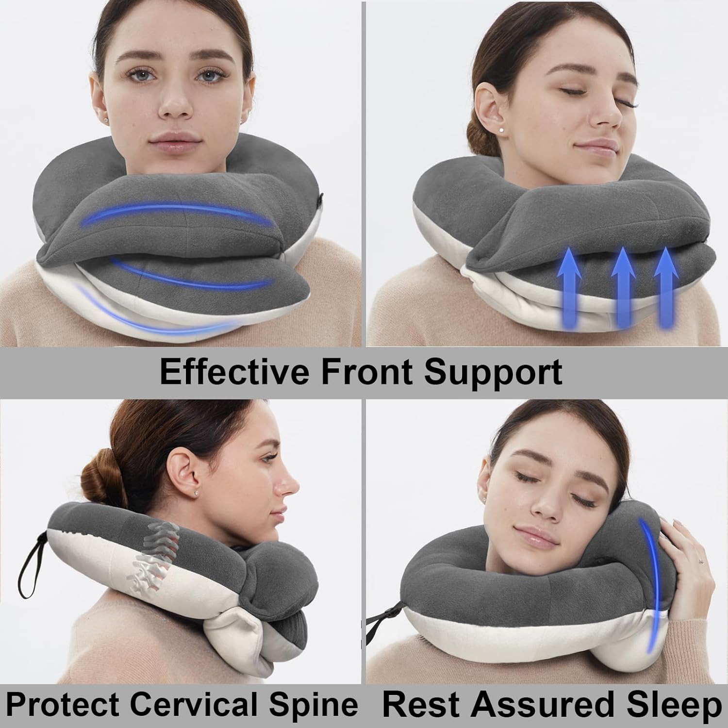 BUYUE Travel Neck Pillows for Airplanes 360° Head Support Sleep for Long Flight Skin Friendly Breathable Kit with 3D Contoured Eye Mask Earplugs and Storage Bag Adult Grey 90 lbs.jpg