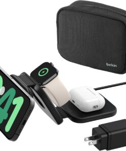 Belkin MagSafe Charger Compatible 3-in-1 Magnetic Charging Travel Pad 15W-BoostCharge Pro Foldable Qi2-Certified Wireless Charger, MagSafe-Compatible Charger for iPhone 16 Series, Apple Watch, AirPods