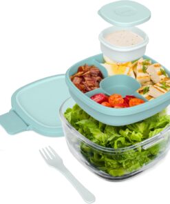 Bentgo Glass All-in-One Salad Container - Large 61-oz Salad Bowl with Lid, 4-Compartment Bento-Style Tray, 3-oz Sauce Container & Reusable Fork - Dishwasher, Microwave, Oven Safe (Coastal Seaglass)